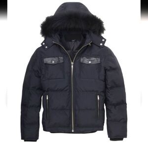 The Kooples Dark Blue Down Wool Puffer Jacket Raccoon Fur Hood Sz XS